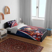 Blue and red Christmas duvet and pillow with Eiffel Tower, Santa, stars, Joyeux Noel