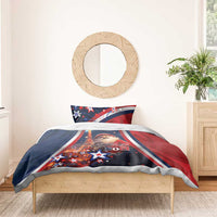Blue and red Christmas duvet cover with Eiffel Tower, Santa, stars, Joyeux Noel text