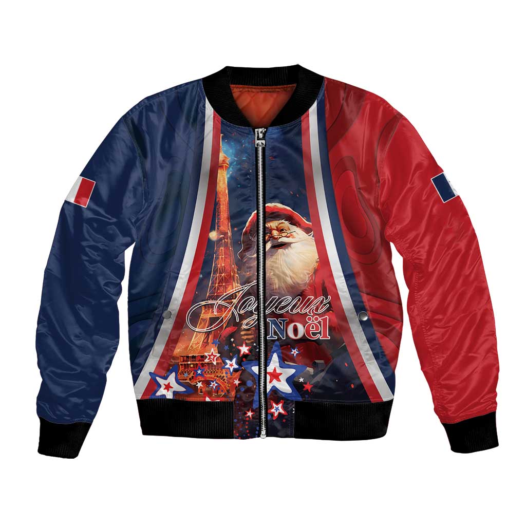 Red and blue unisex bomber jacket with black rib trim, zipper, Santa and Eiffel Tower graphic