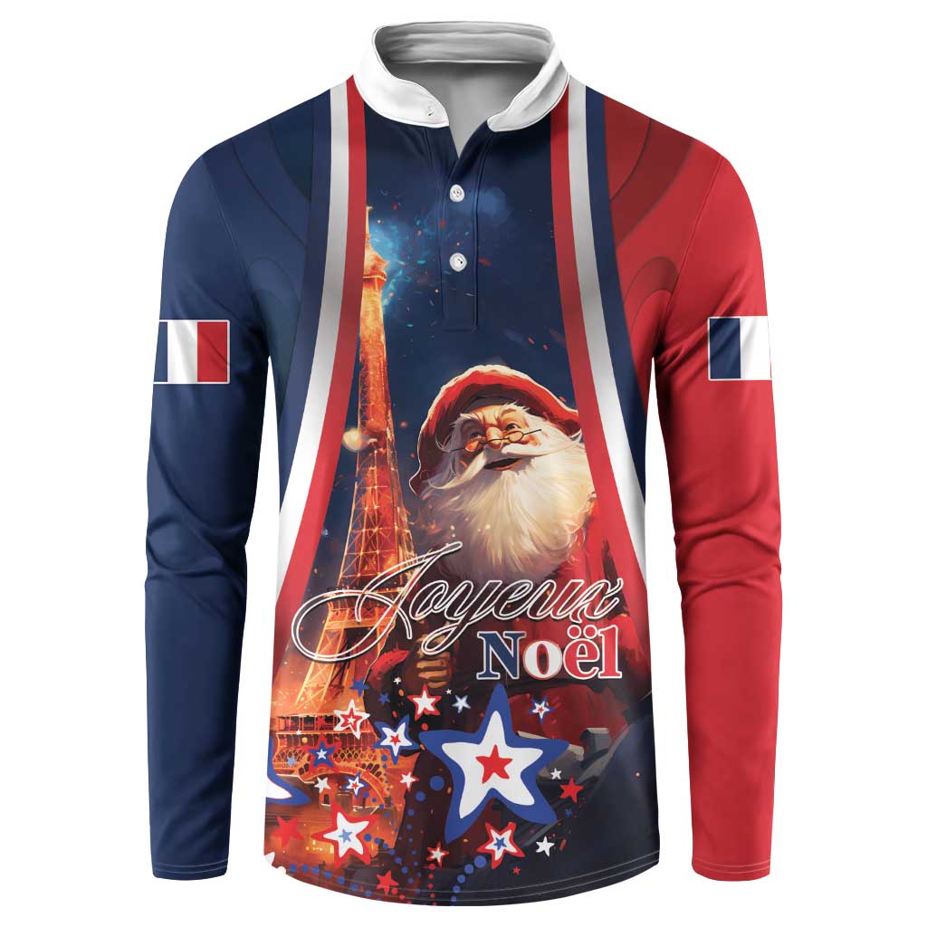 Button sweatshirt with Santa graphic and Joyeux Noel print, navy and red striped panels