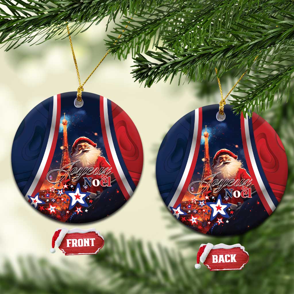 Blue round ceramic Christmas ornament with Santa, Eiffel Tower, and “Joyeux Noel”