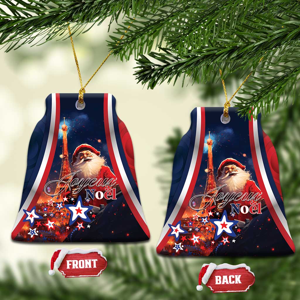 Blue bell-shaped ceramic ornament with Santa and “Joyeux Noel”, front and back