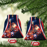 Blue bell-shaped ceramic ornament with Santa and “Joyeux Noel”, front and back