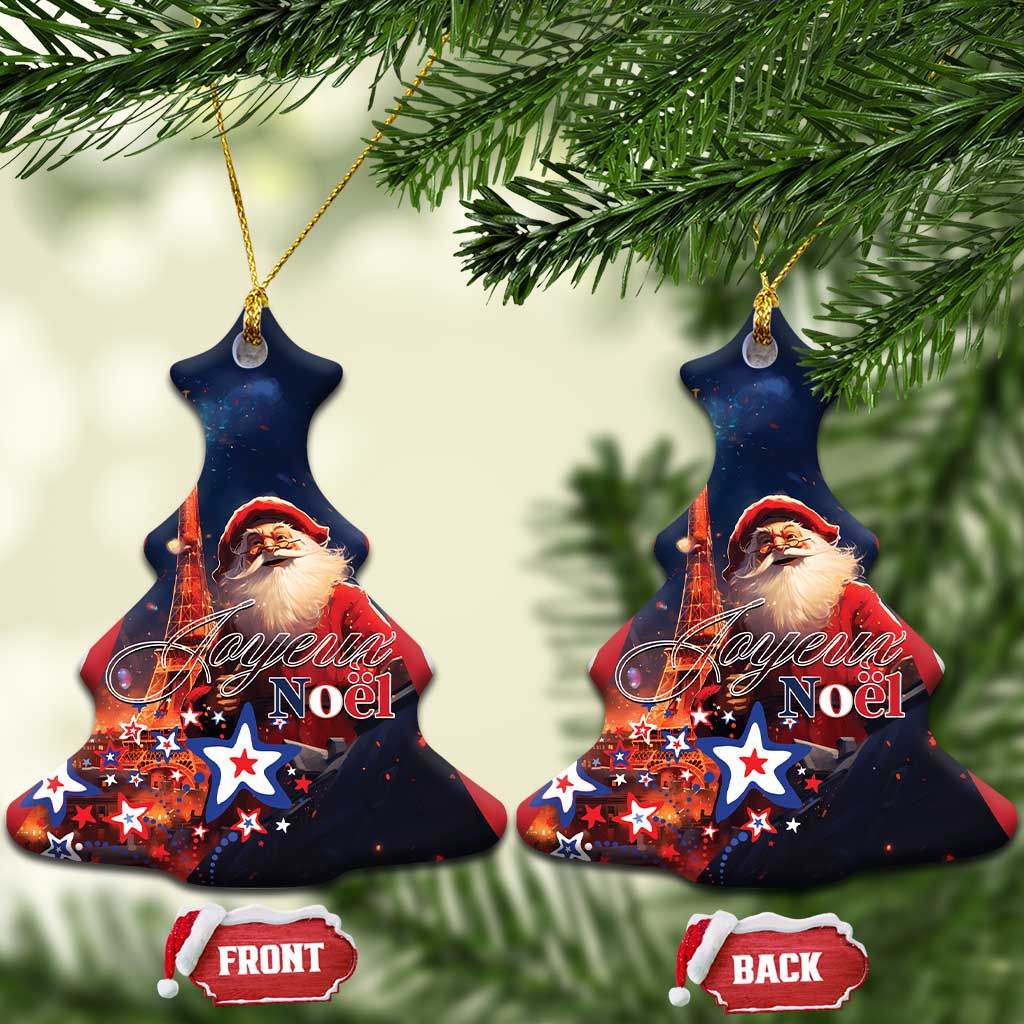 Blue Christmas tree-shaped ceramic ornament with Santa and “Joyeux Noel”, front and back