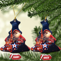 Blue Christmas tree-shaped ceramic ornament with Santa and “Joyeux Noel”, front and back