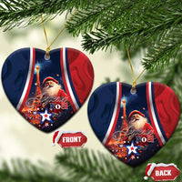 Blue heart-shaped ceramic ornament with Santa and “Joyeux Noel”, front and back
