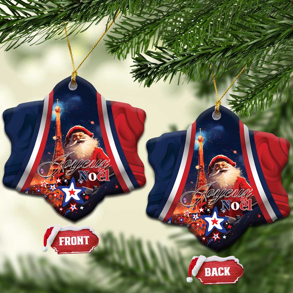 Blue ornament with bell shape and Santa scene, “Joyeux Noel”, front and back