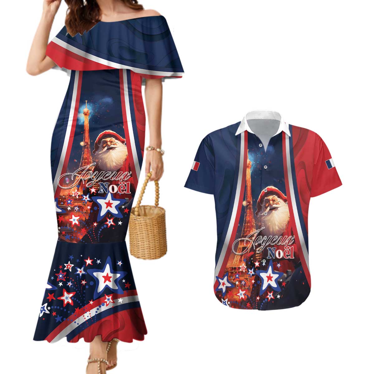 Personalised France Christmas Couples Matching Mermaid Dress and Hawaiian Shirt Joyeux Noel Santa Claus Eiffel Tower - Wonder Print Shop