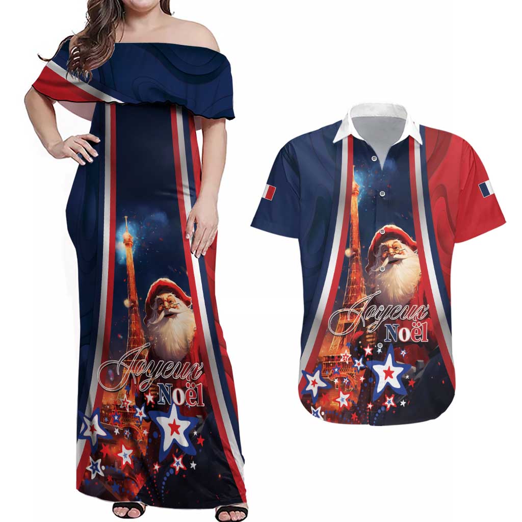 Personalised France Christmas Couples Matching Off Shoulder Maxi Dress and Hawaiian Shirt Joyeux Noel Santa Claus Eiffel Tower - Wonder Print Shop