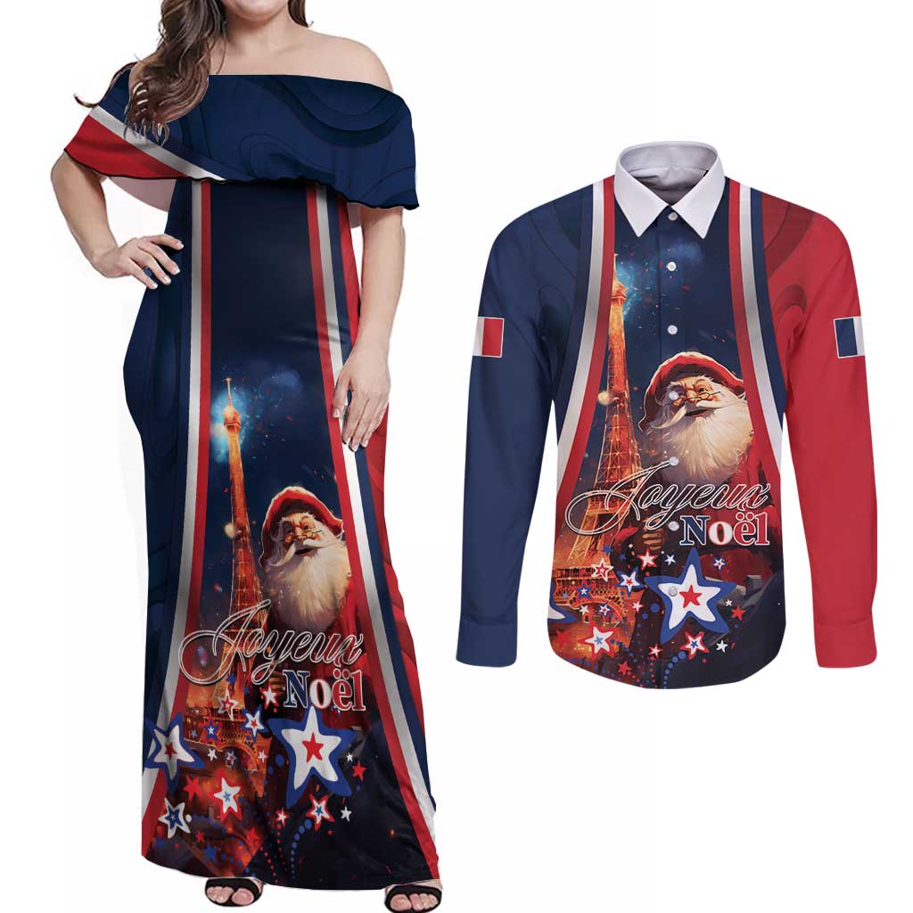 Personalised France Christmas Couples Matching Off Shoulder Maxi Dress and Long Sleeve Button Shirt Joyeux Noel Santa Claus Eiffel Tower - Wonder Print Shop