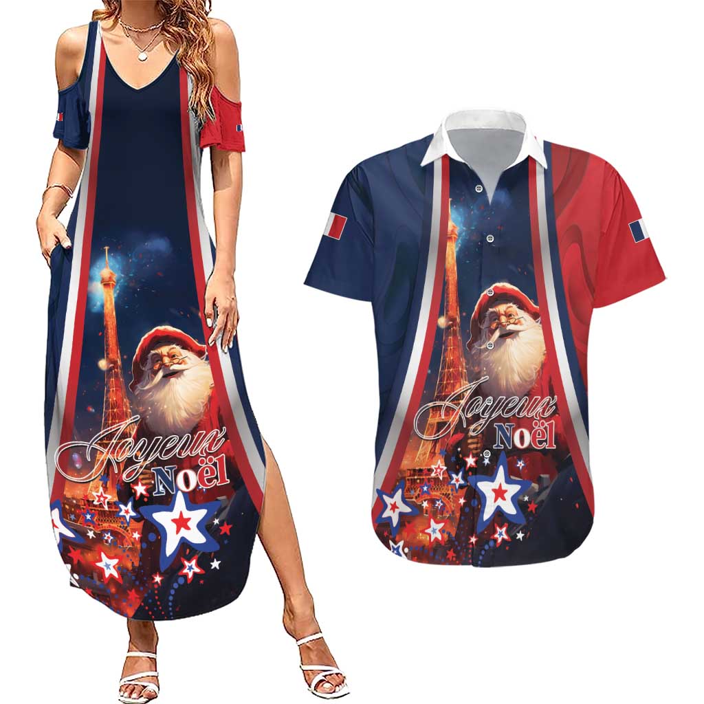 Personalised France Christmas Couples Matching Summer Maxi Dress and Hawaiian Shirt Joyeux Noel Santa Claus Eiffel Tower - Wonder Print Shop