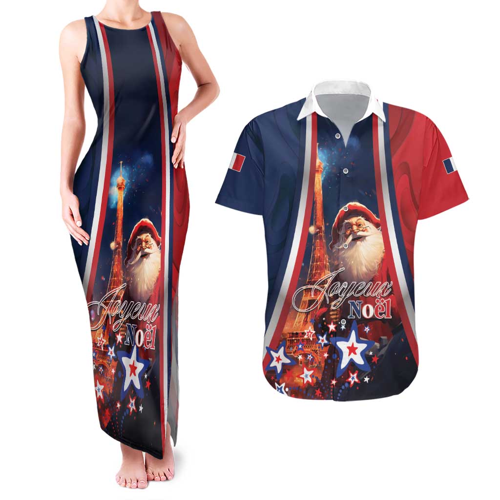 Personalised France Christmas Couples Matching Tank Maxi Dress and Hawaiian Shirt Joyeux Noel Santa Claus Eiffel Tower - Wonder Print Shop