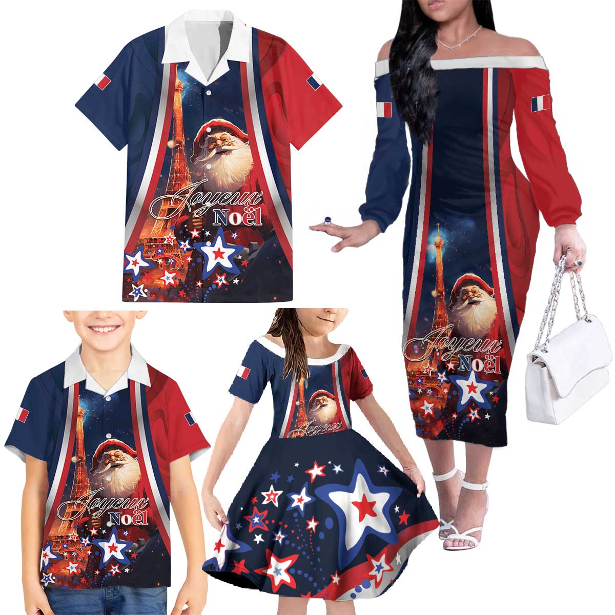 Personalised France Christmas Family Matching Off The Shoulder Long Sleeve Dress and Hawaiian Shirt Joyeux Noel Santa Claus Eiffel Tower - Wonder Print Shop