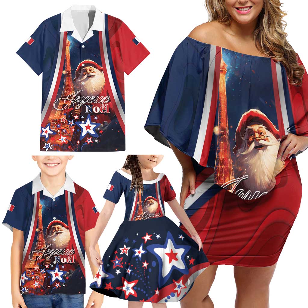 Personalised France Christmas Family Matching Off Shoulder Short Dress and Hawaiian Shirt Joyeux Noel Santa Claus Eiffel Tower - Wonder Print Shop