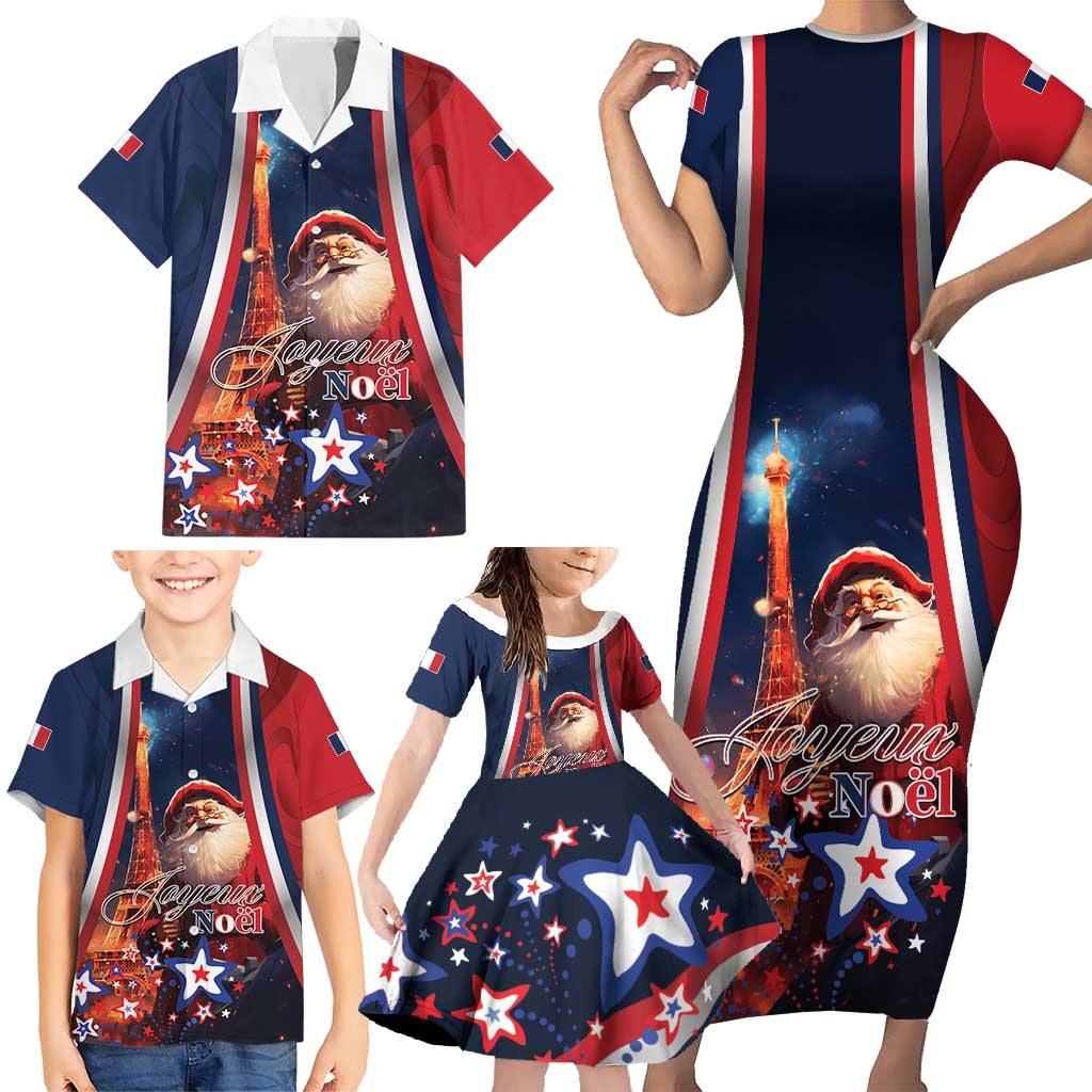 Personalised France Christmas Family Matching Short Sleeve Bodycon Dress and Hawaiian Shirt Joyeux Noel Santa Claus Eiffel Tower - Wonder Print Shop