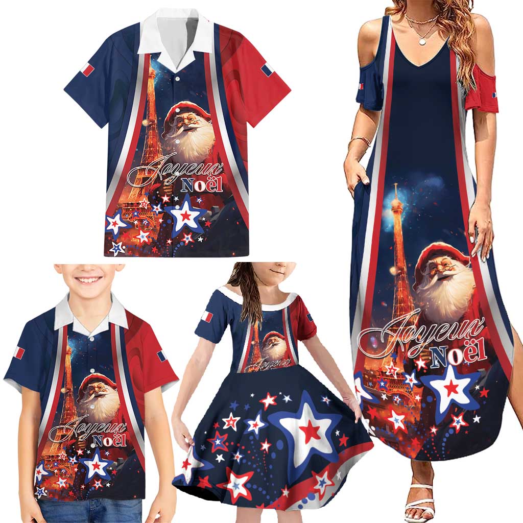 Personalised France Christmas Family Matching Summer Maxi Dress and Hawaiian Shirt Joyeux Noel Santa Claus Eiffel Tower - Wonder Print Shop