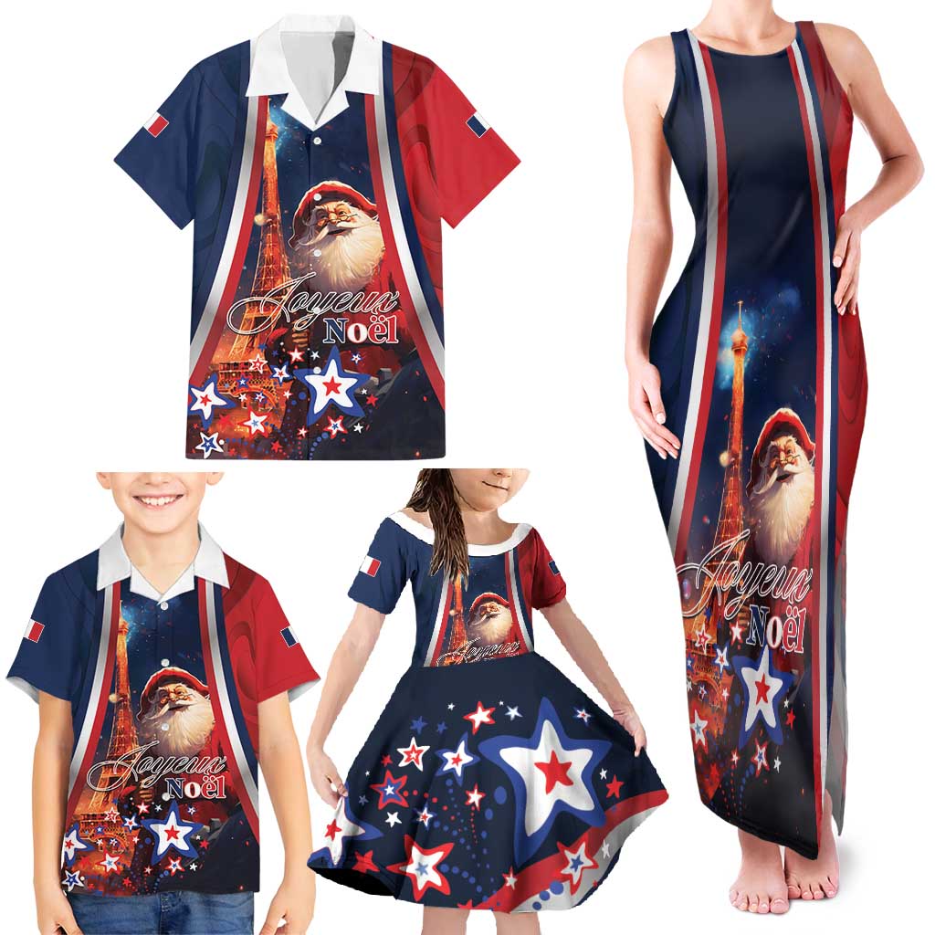 Personalised France Christmas Family Matching Tank Maxi Dress and Hawaiian Shirt Joyeux Noel Santa Claus Eiffel Tower - Wonder Print Shop