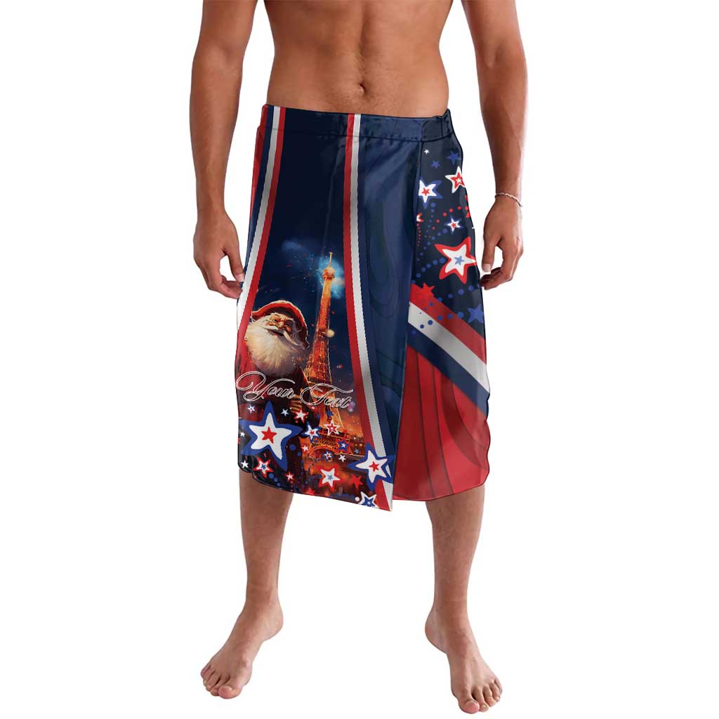 Blue patriotic Christmas board shorts with Santa and Eiffel Tower graphics, elastic waist