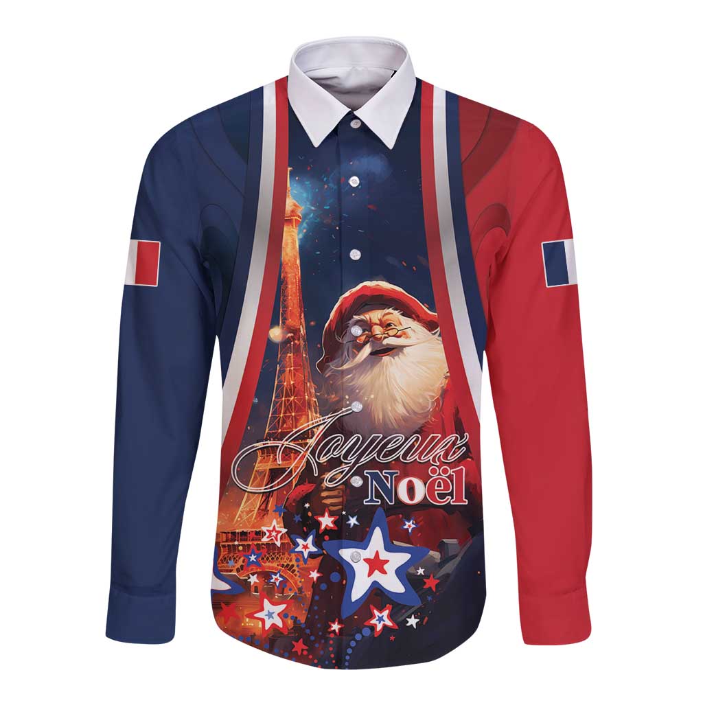 Long-sleeve button shirt with Santa graphic, stars, and Joyeux Noel text; blue and red