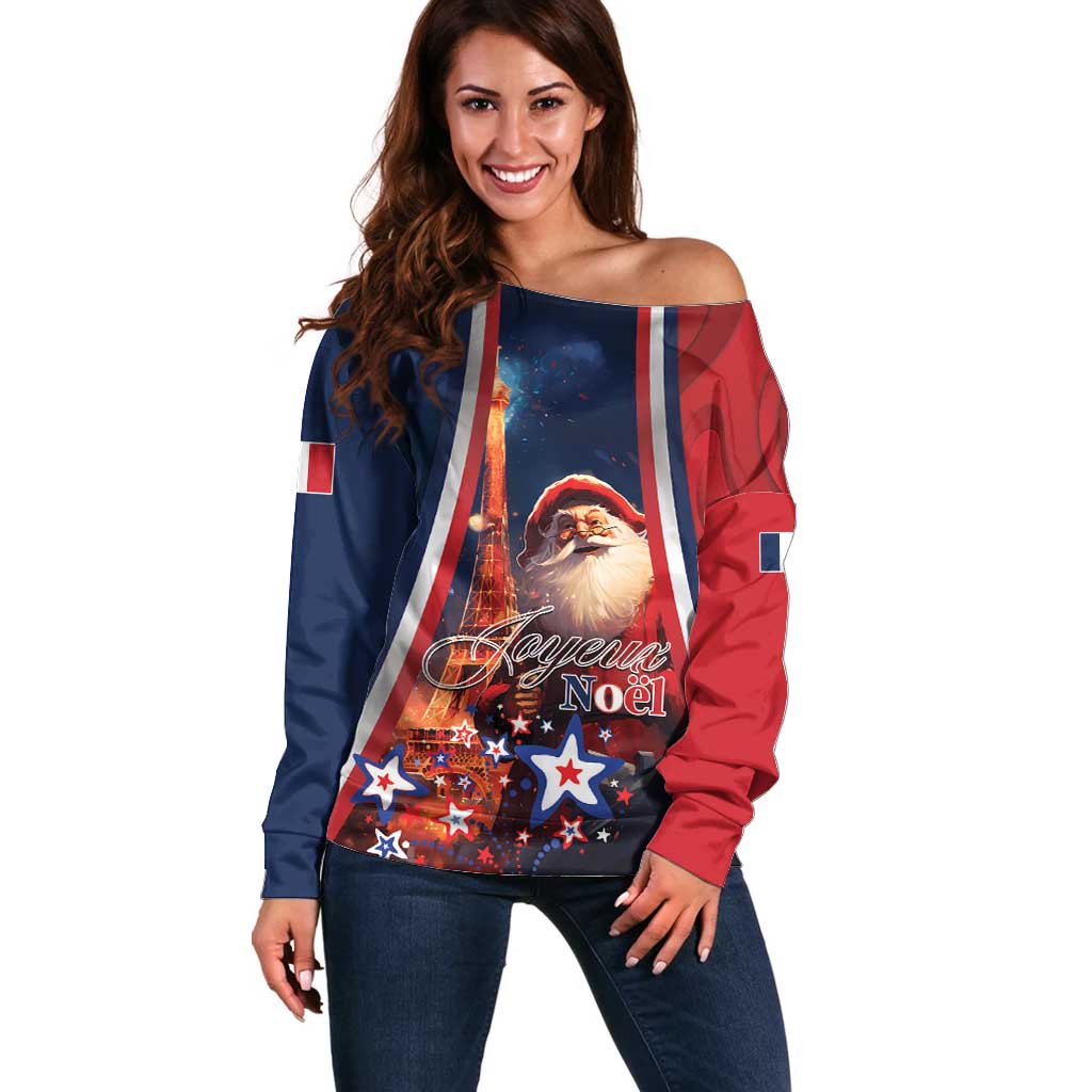 Personalised France Christmas Off Shoulder Sweater Joyeux Noel Santa Claus Eiffel Tower - Wonder Print Shop