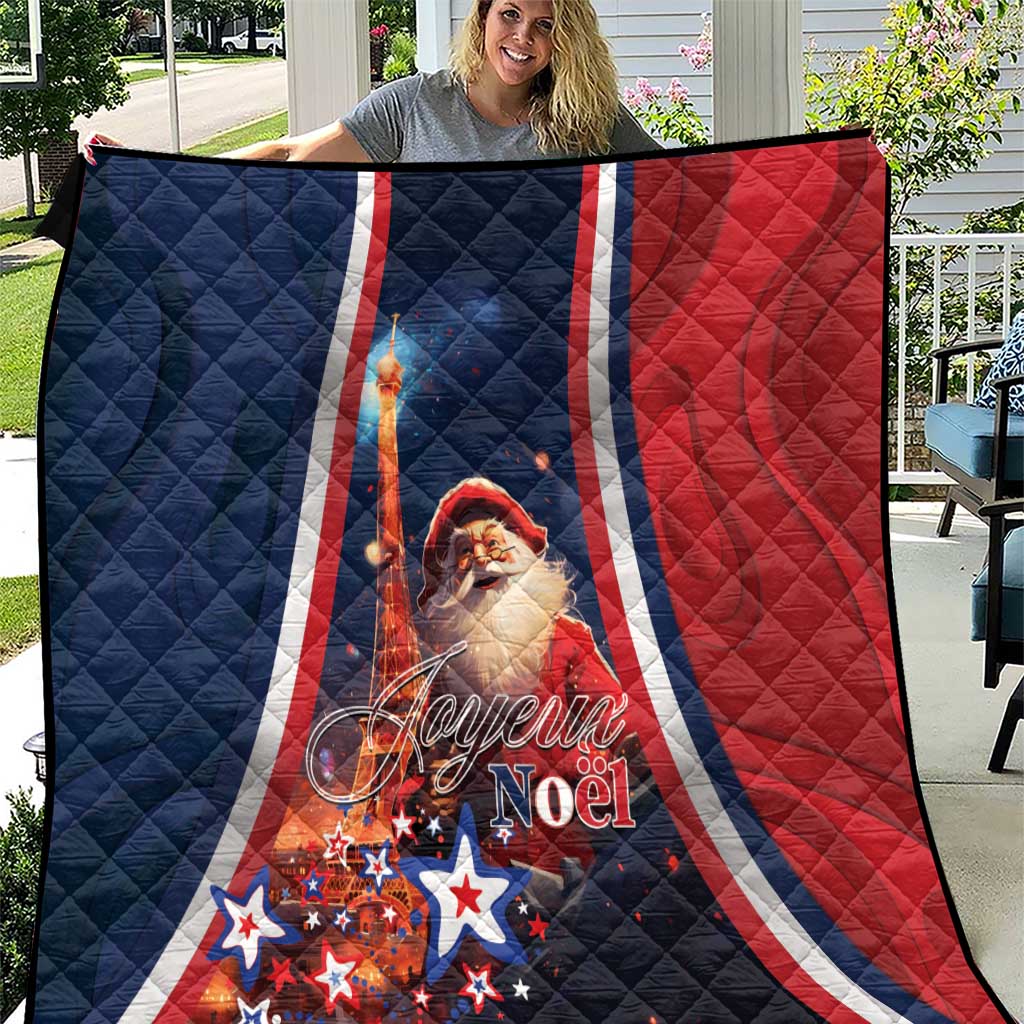 Navy-red quilt with white stripes, Santa artwork and star pattern 'Joyeux Noel'