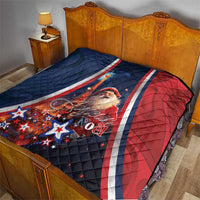Santa-themed quilt with navy, red, and white stripes; diamond quilting texture