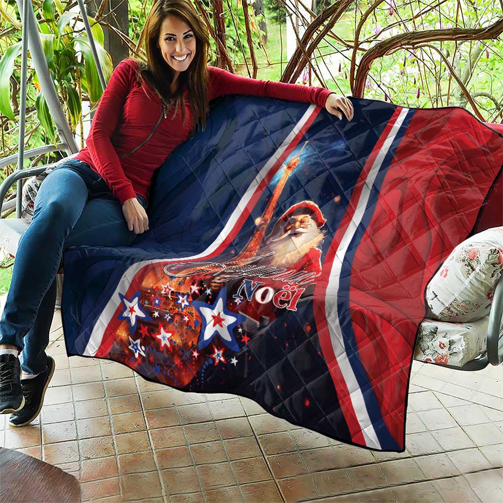 Large navy-red quilt with white stripes, Santa illustration and 'Noel' lettering