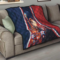Navy and red quilt with white stripes, Santa artwork over diamond quilting