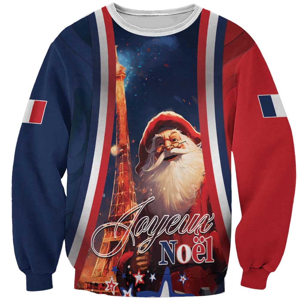 Unisex blue and red holiday sweatshirt with Santa, Eiffel Tower, and Joyeux Noel print