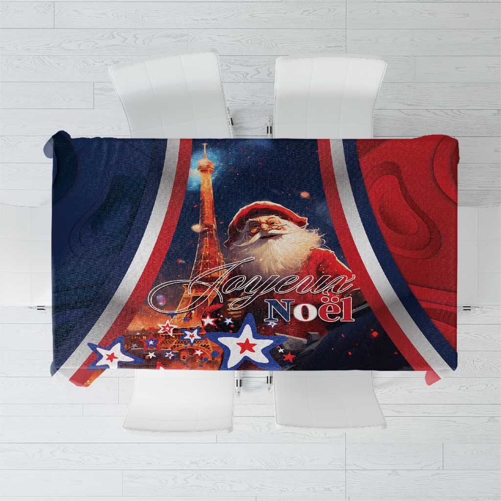 Christmas tablecloth with Eiffel Tower and Santa, “Joyeux Noel” text, red and navy design