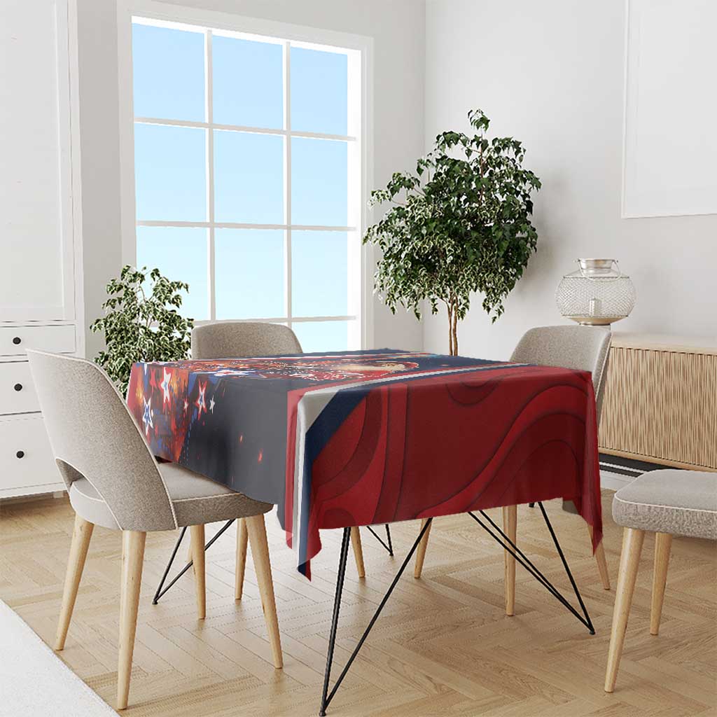 Square Christmas tablecloth with red and navy drape, Eiffel Tower and star motifs