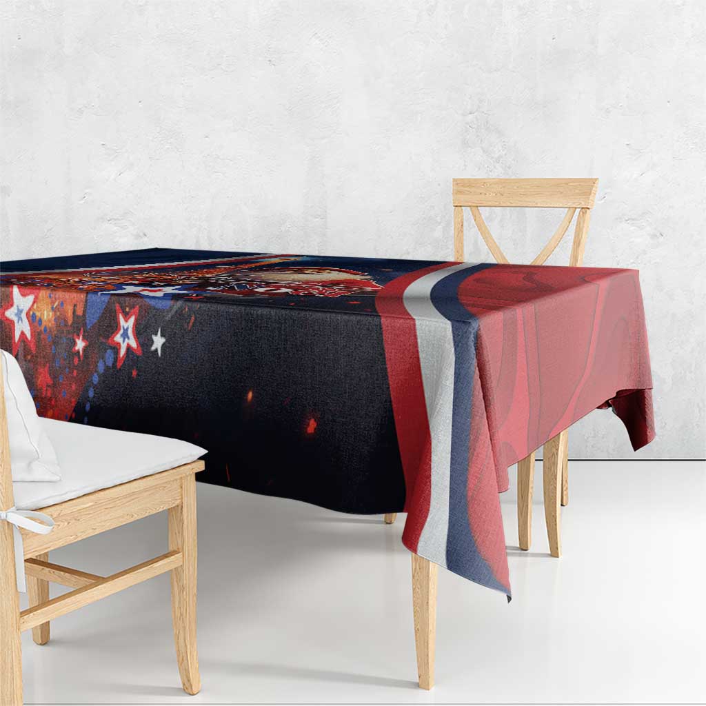Christmas tablecloth on bench table, navy and red design with star and flame accents