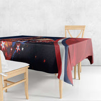 Christmas tablecloth on bench table, navy and red design with star and flame accents