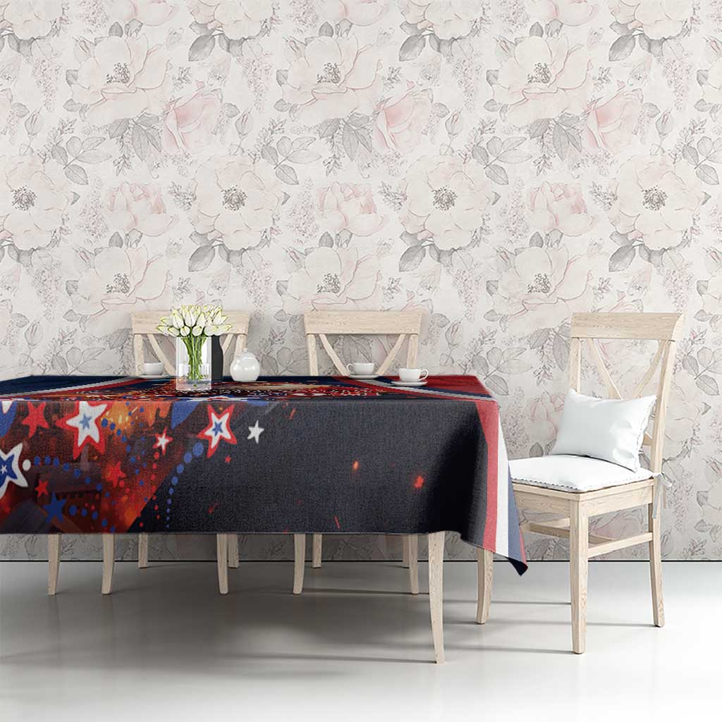 Christmas tablecloth on dining table, navy and red star pattern with Eiffel Tower artwork