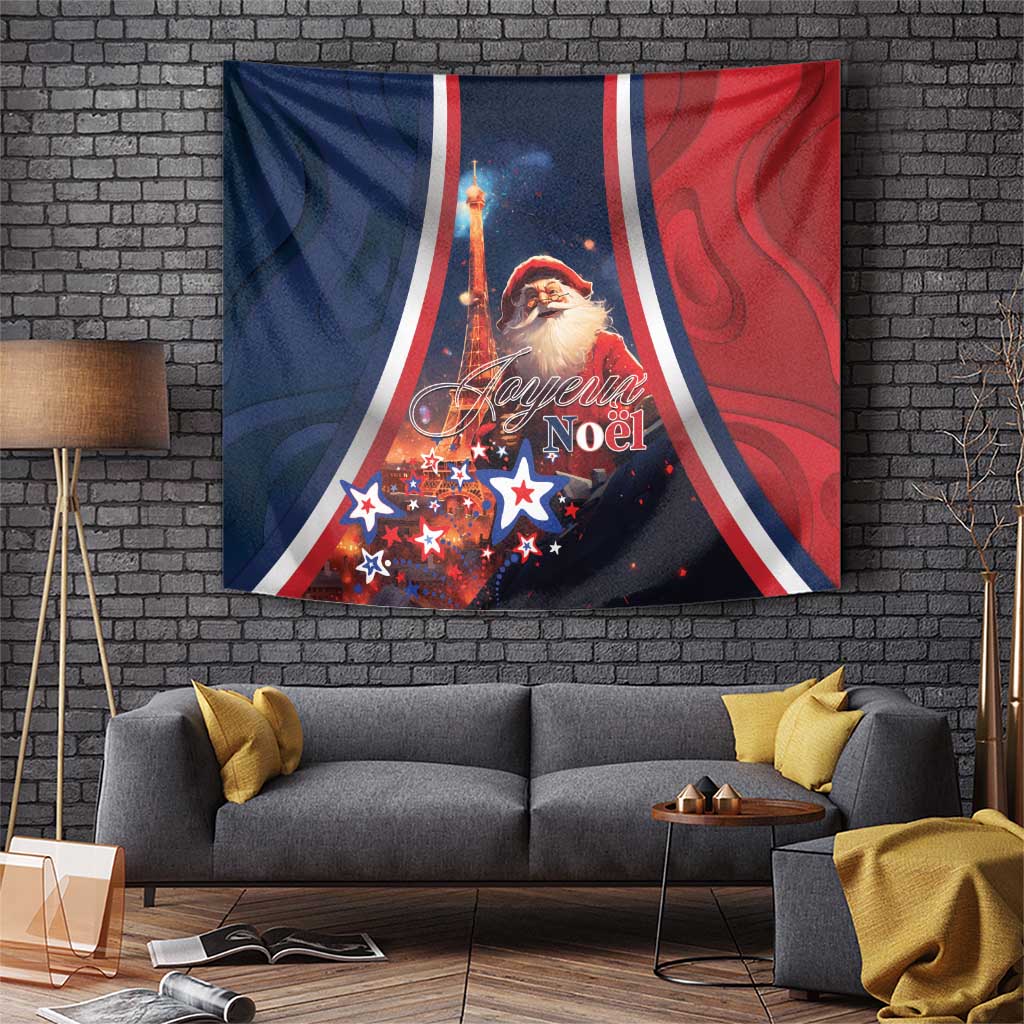 Christmas tapestry with Santa, Eiffel Tower, and Joyeux Noel text in blue, red, and white
