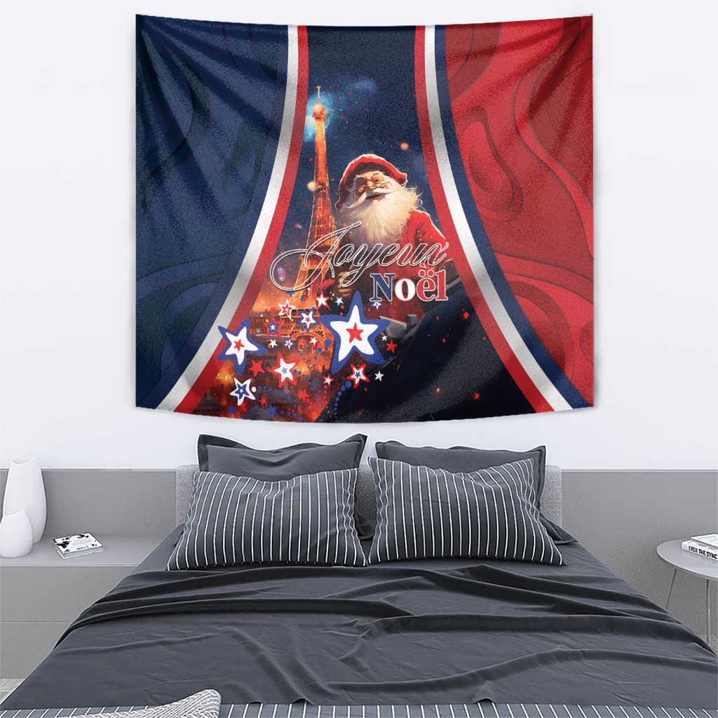 Christmas tapestry with Santa, Eiffel Tower, and Joyeux Noel in red, white, and blue
