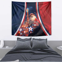 Christmas tapestry with Santa, Eiffel Tower, and Joyeux Noel in red, white, and blue