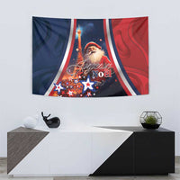 Blue Christmas tapestry with Santa Claus, Eiffel Tower, and Joyeux Noel text