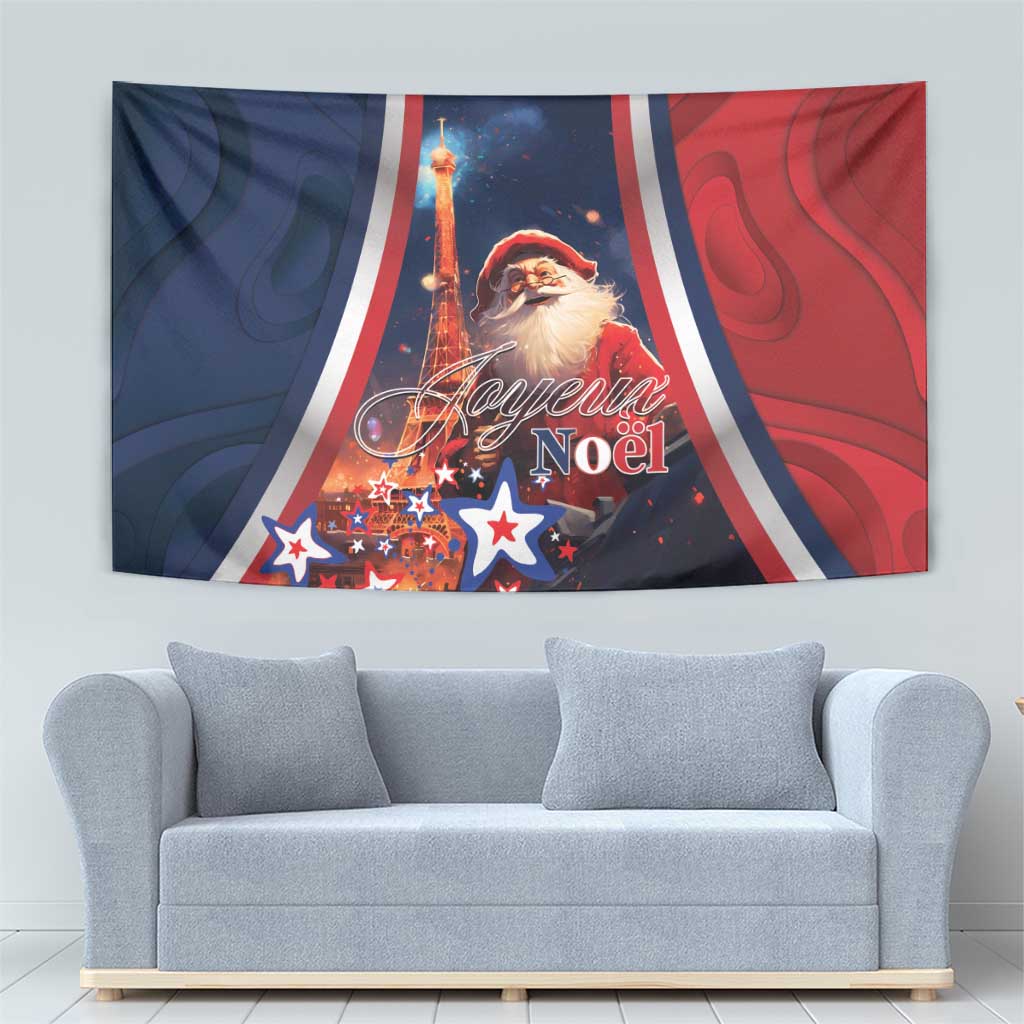 Christmas tapestry with Santa, Eiffel Tower, stars, and Joyeux Noel text