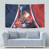 Christmas tapestry with Santa, Eiffel Tower, stars, and Joyeux Noel text