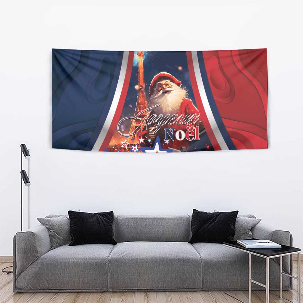 Christmas tapestry with Santa Claus and Eiffel Tower, blue and red