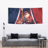Christmas tapestry with Santa Claus and Eiffel Tower, blue and red