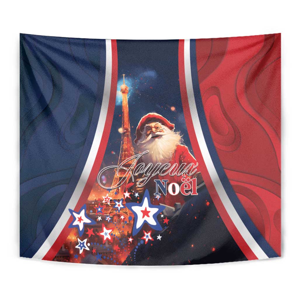 Christmas tapestry with Santa, Eiffel Tower, and Joyeux Noel in blue, red, and white