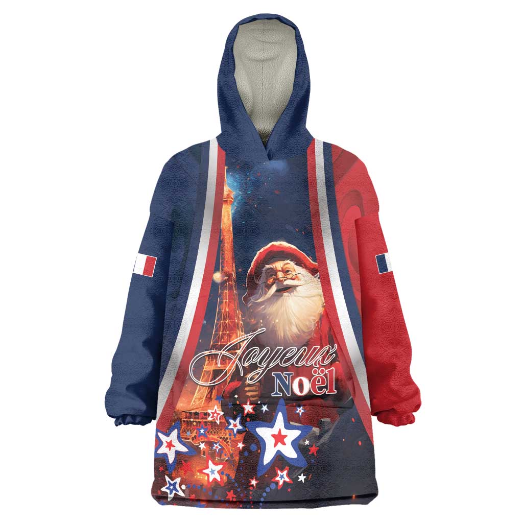 Personalised France Christmas Wearable Blanket Hoodie Joyeux Noel Santa Claus Eiffel Tower