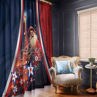 Christmas window curtain with Santa and Eiffel Tower graphic on blue-red striped fabric