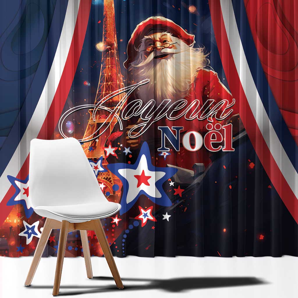 Christmas curtain panel with Santa face, Eiffel Tower lights, and Joyeux Noel text