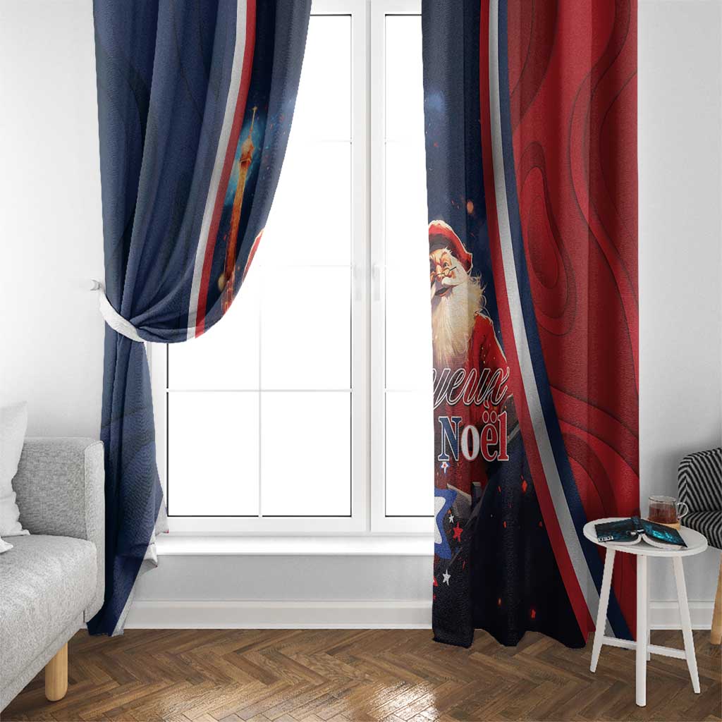 Pair of Christmas window curtains in blue and red with Santa figure and diagonal stripe design