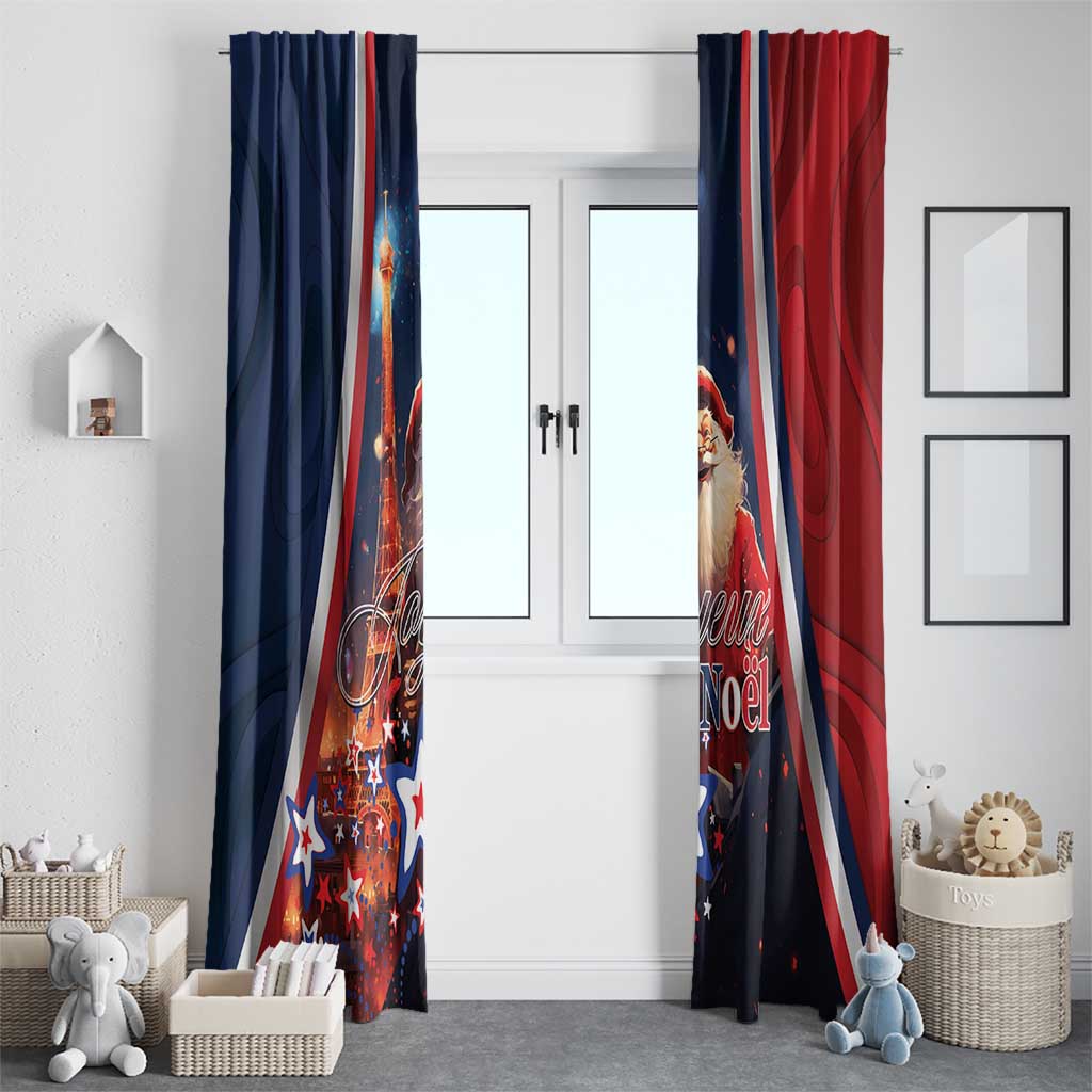 Christmas curtains set in blue and red with Eiffel Tower and Santa artwork, Joyeux Noel