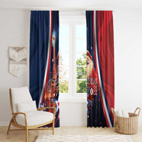 Hanging Christmas window curtains, blue-red diagonal stripes with Santa and Eiffel Tower print