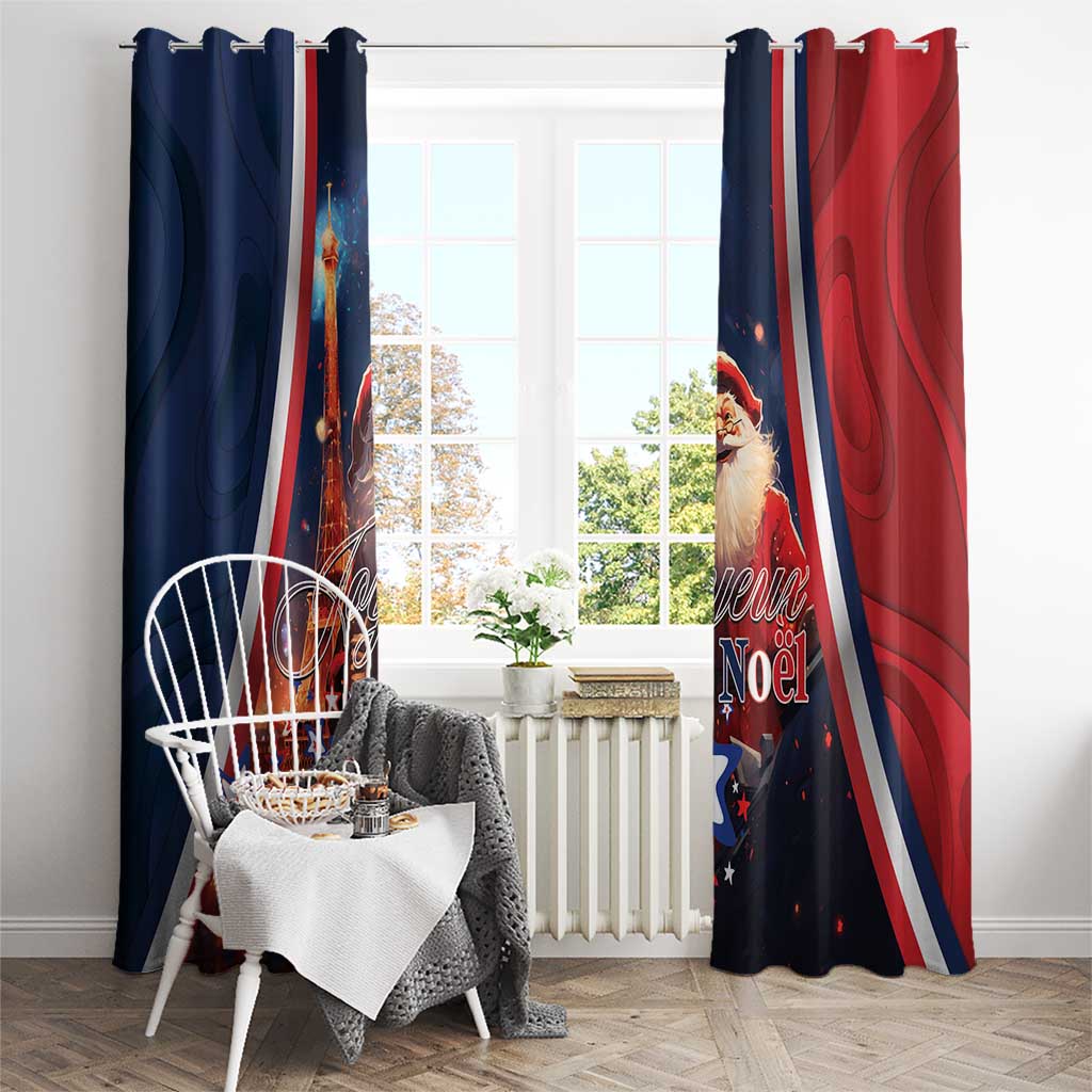 Christmas curtain panels with Santa and Eiffel Tower scene, blue and red patriotic stripes